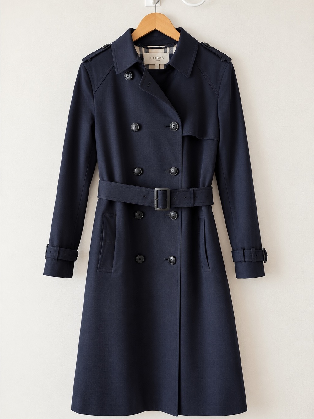 Hobbs London Navy Double-Breasted Trench Coat – US 10 / UK 14 – Belted – Plaid L
